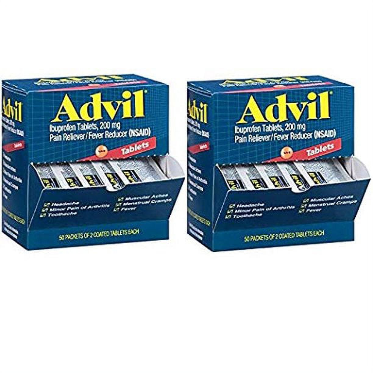 Advil (100 Packets of 2 Capsules) Pain Reliever/Fever Reducer Coated Tablet, Individually Sealed, 200mg Ibuprofen, Temporary Pain Relief, Travel Pack