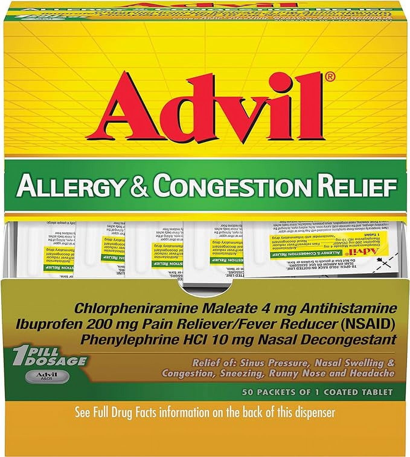 Advil Allergy and Congestion Relief Tablets, Pain Reliever, Fever Reducer and Allergy Relief with Ibuprofen, Phenylephrine HCl and Chlorpheniramine Maleate 4 mg - 50 Coated Tablets