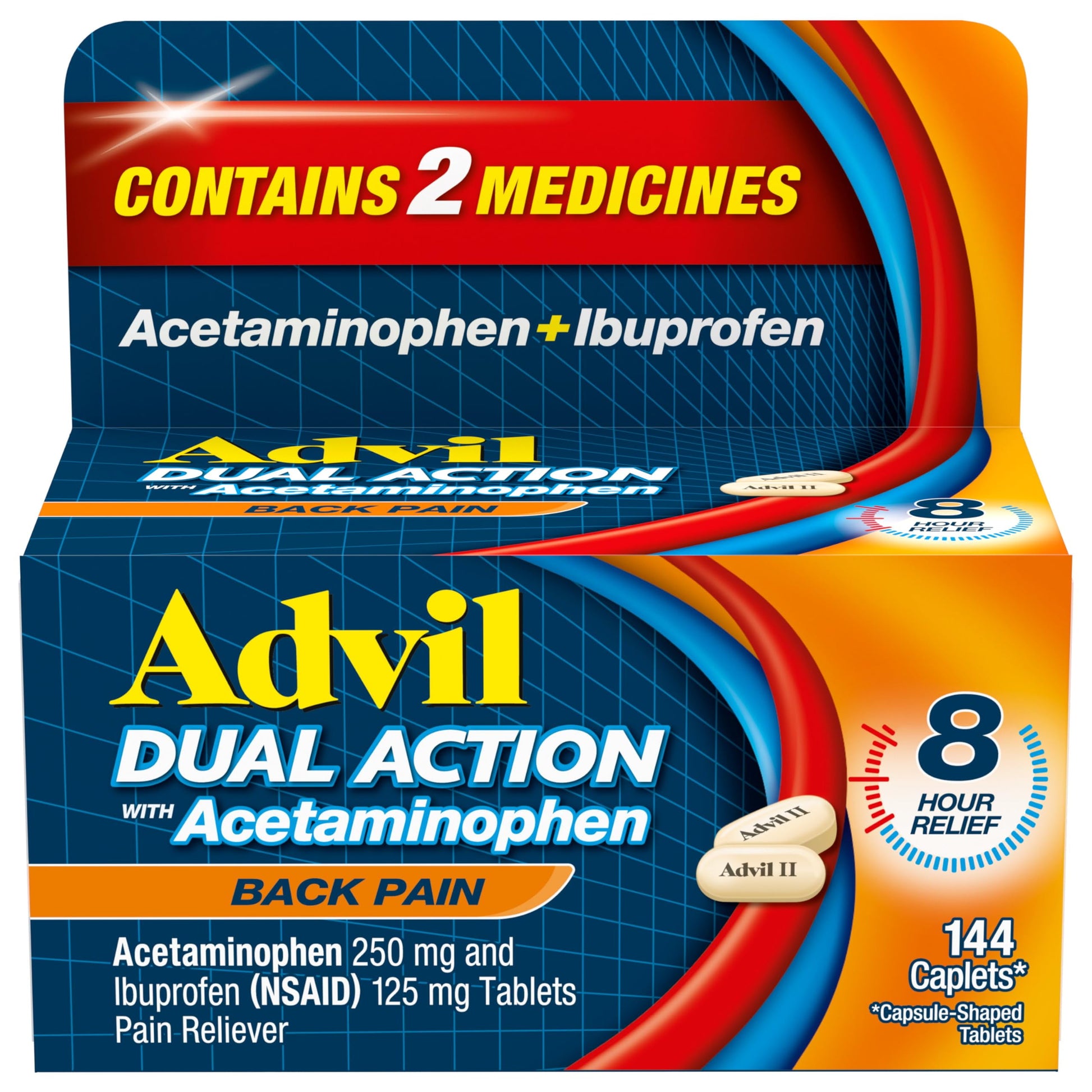 Advil Dual Action Back Pain Caplets Delivers 250mg Ibuprofen and 500mg Acetaminophen Per Dose for 8 Hours of Back Pain Relief - 144 Count SHO7