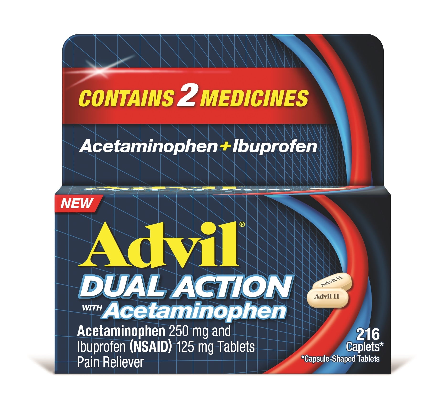 Advil Dual Action Coated Caplets with Acetaminophen, 250 Mg Ibuprofen and 500 Mg Acetaminophen Per Dose (2 Caplet Equivalent) for 8 Hour Pain Relief - 216 Count