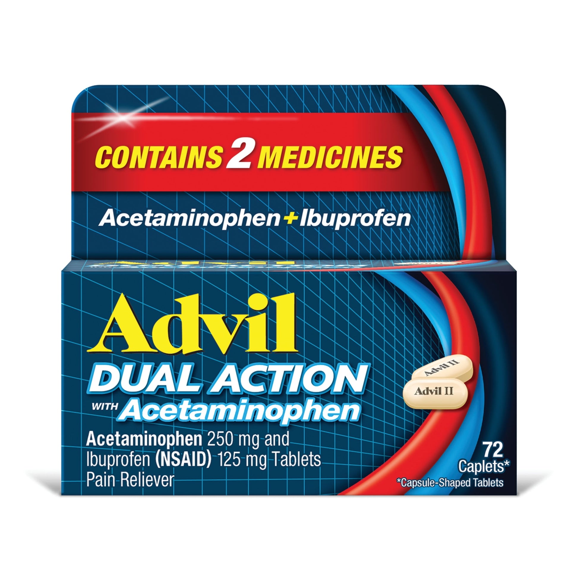 Advil Dual Action Coated Caplets With Acetaminophen, 250 Mg Ibuprofen and 500 Mg Acetaminophen Per Dose (2 Caplet Equivalent) for 8 Hour Pain Relief - 72 Count - 2 Pack