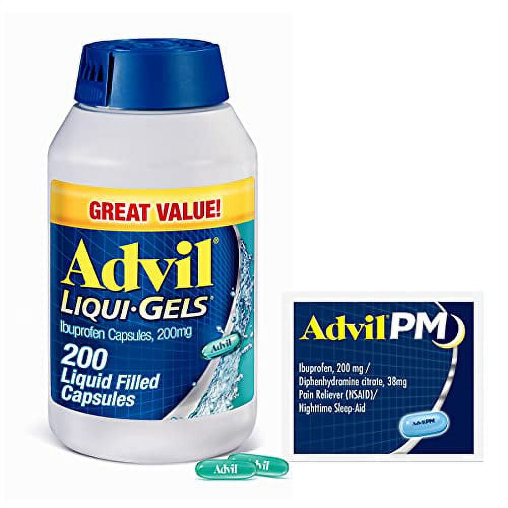 Advil Liqui-Gels Pain Reliever and Fever Reducer, Pain Medicine for Adults with Ibuprofen 200mg for Headache, Backache, Menstrual Pain and Joint Pain Relief - 200 Capsules, Advil PM Ibuprofen - 2 Ct