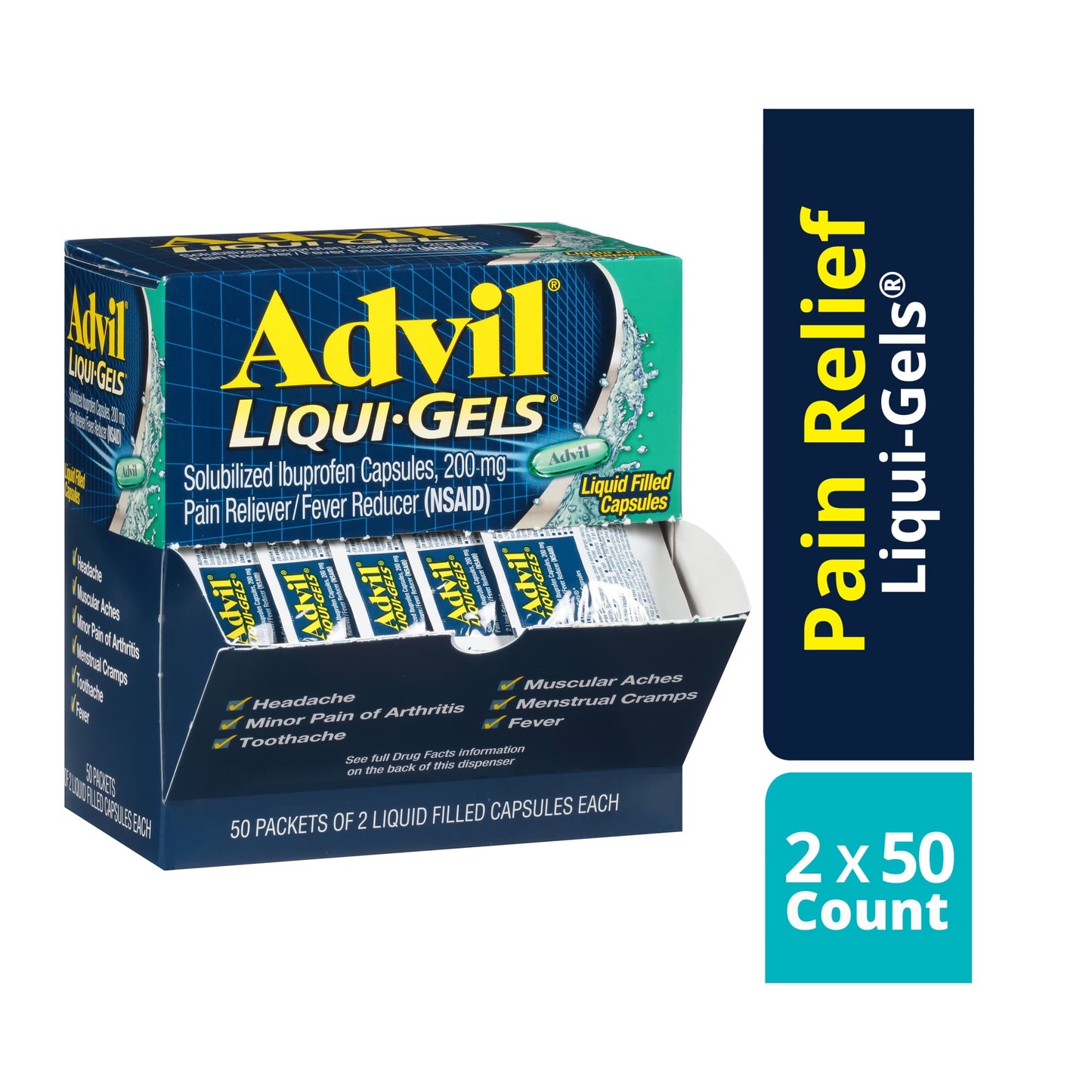 Advil Liqui-Gels Pain Reliever and Fever Reducer, Ibuprofen 200Mg for Pain Relief - 50X2 Liquid Filled Capsules