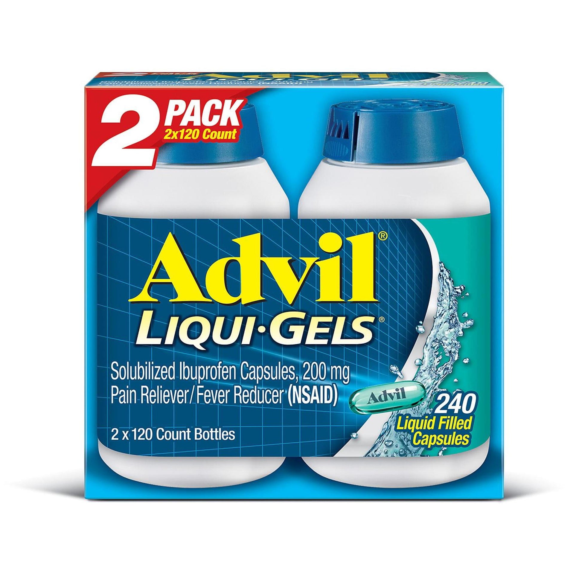 Advil Liqui-Gels Pain Reliever and Fever Reducer, Solubilized Ibuprofen 200Mg, 240 Count (2 x 120 Capsules), On The Go Fast Pain Relief