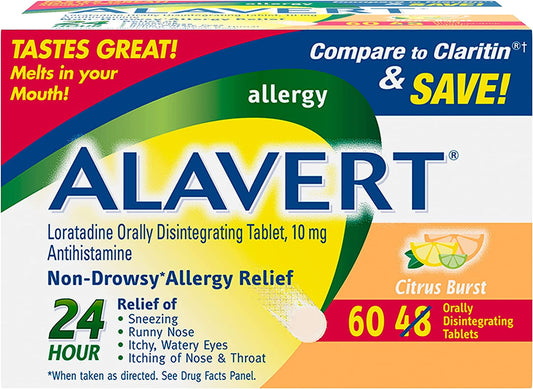 Alavert Allergy 24 Hour Relief, Citrus Burst Flavor, Orally Disintegrating Allergy Tablets, Non-drowsy Antihistamine, Loratadine 10mg, 60 Count