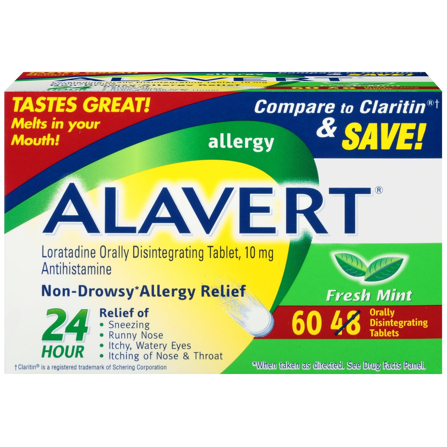 Alavert Loratadine Allergy 24-Hour Relief (Fresh Mint Flavor Orally Disintegrating Tablets), Non-Drowsy, Antihistamine, 60 Count (Pack of 1)