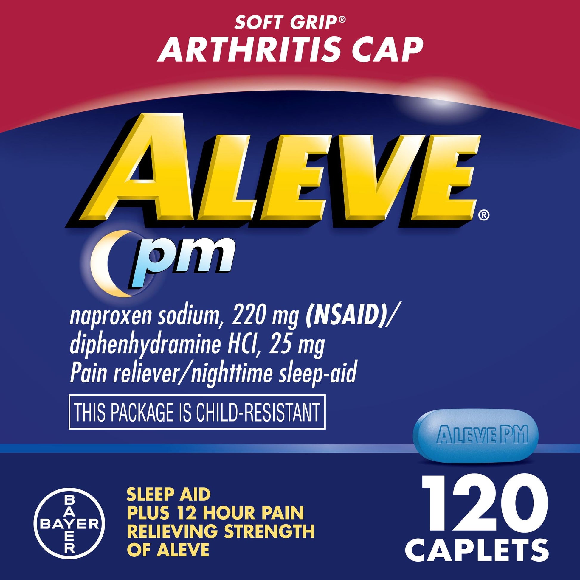 Aleve PM Soft Grip Arthritis Cap Pain Reliever & Nighttime Sleep Aid Caplets, 120 Count