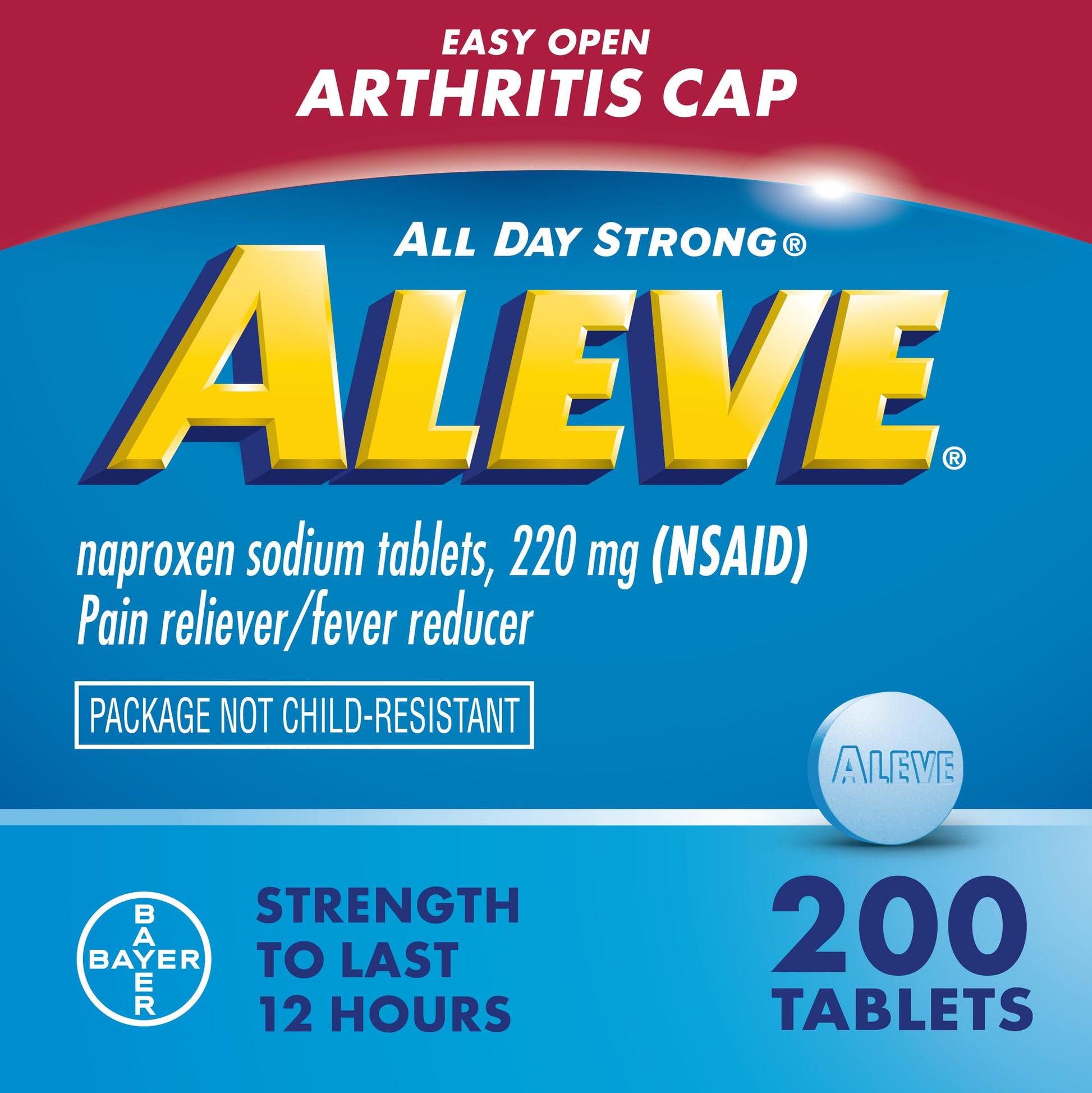 Aleve Tablets with Easy Open Arthritis Cap, Naproxen Sodium, for Pain Relief, 200 Count