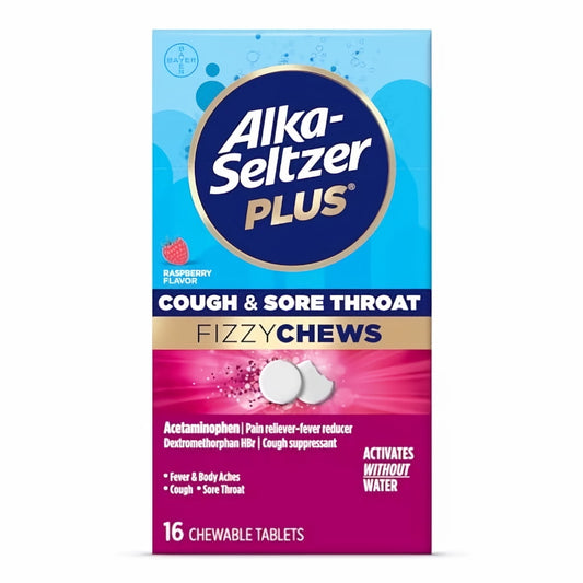 Alka-seltzer Plus New Cough & Sore Throat Fizzy Chews Raspberry Flavor (Pack of 2)