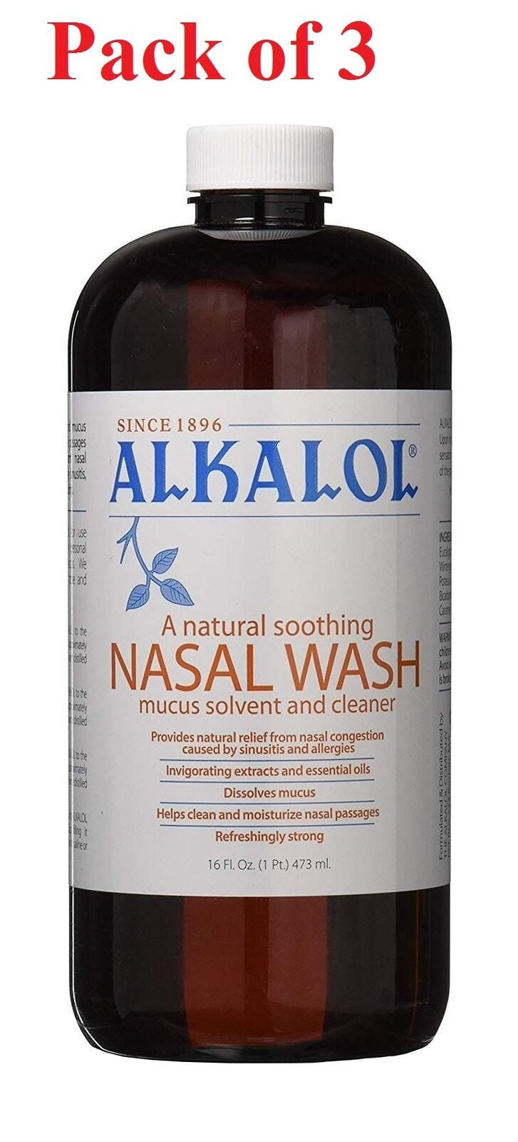 Alkalol Natural Soothing Nasal Wash Mucus Solvent & Cleaner 16 oz, 3-Pack