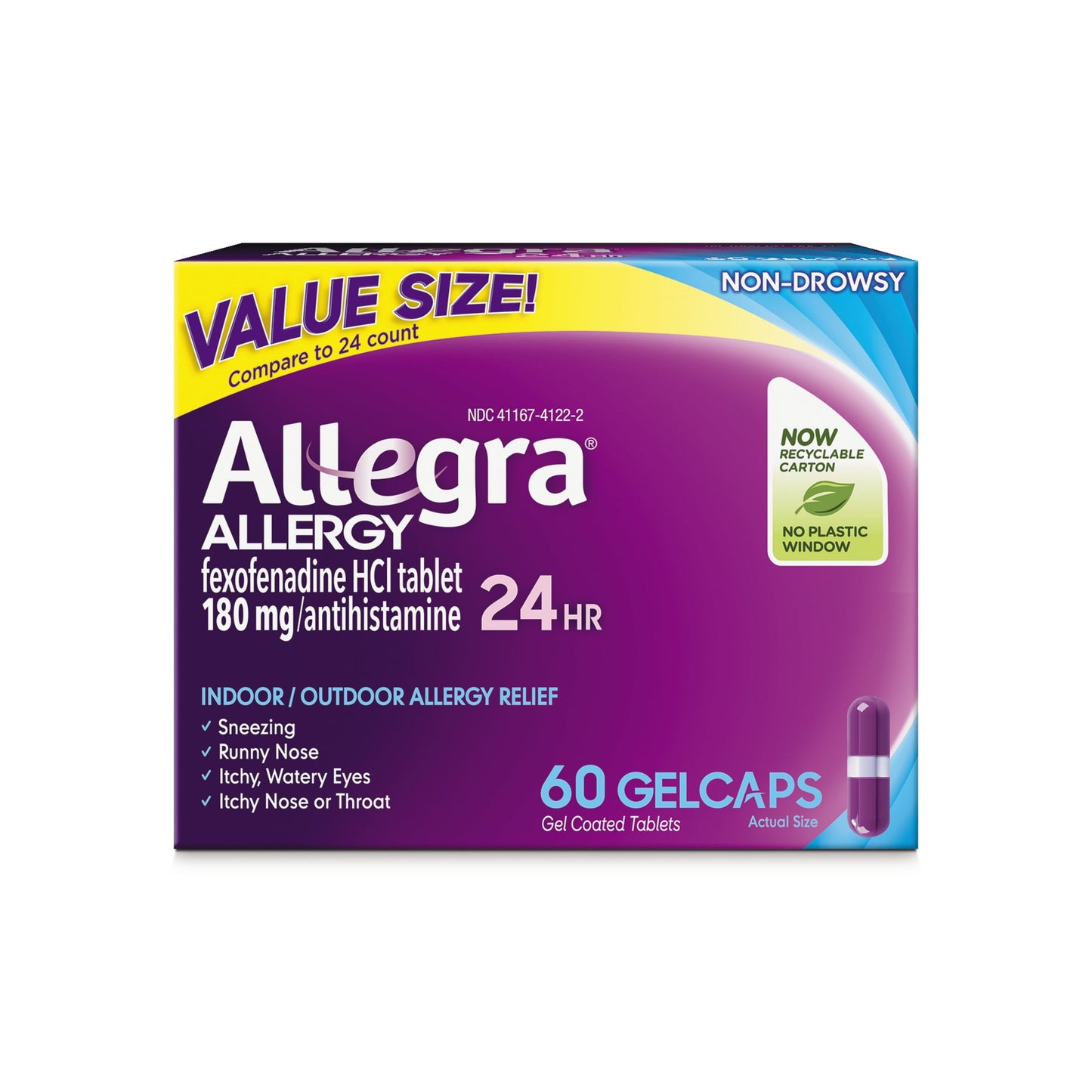 Allegra 24 Hour Non-Drowsy Antihistamine Allergy Relief Medicine, 180 mg Fexofenadine Gelcaps, 60 Ct