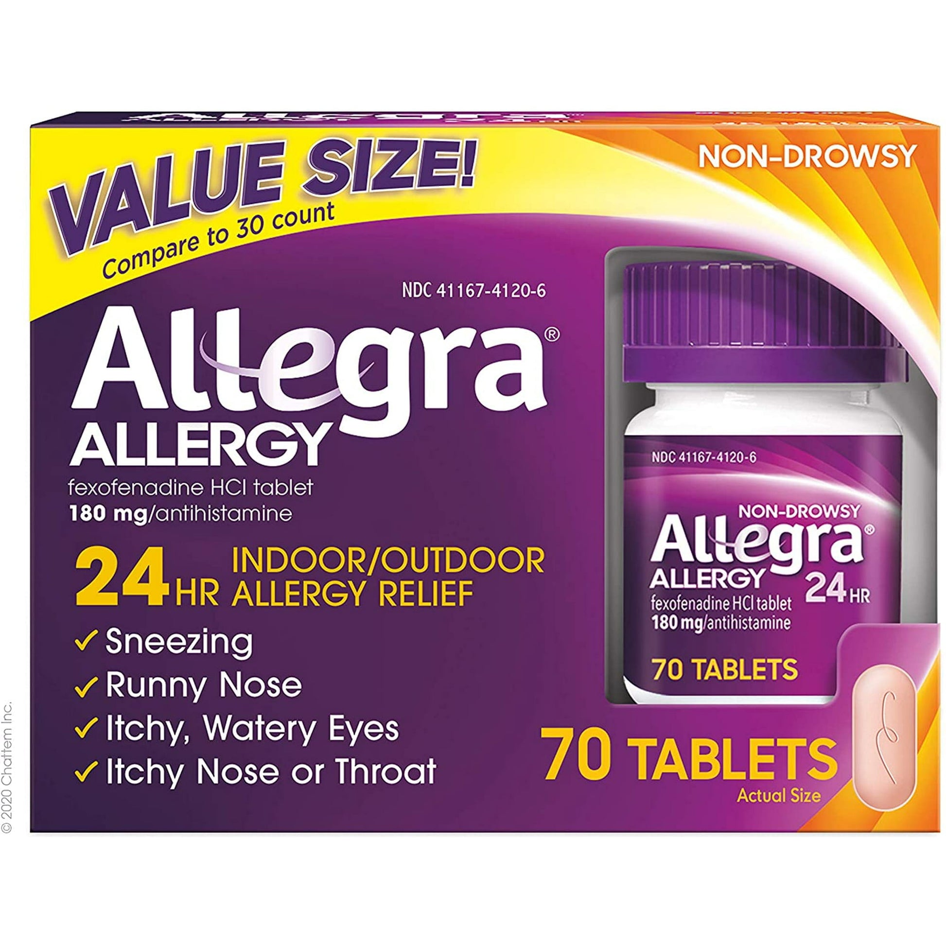 Allegra Adult 24HR Tablet 70 Ct, 180 mg), Indoor/OutdoorAllergy Relief