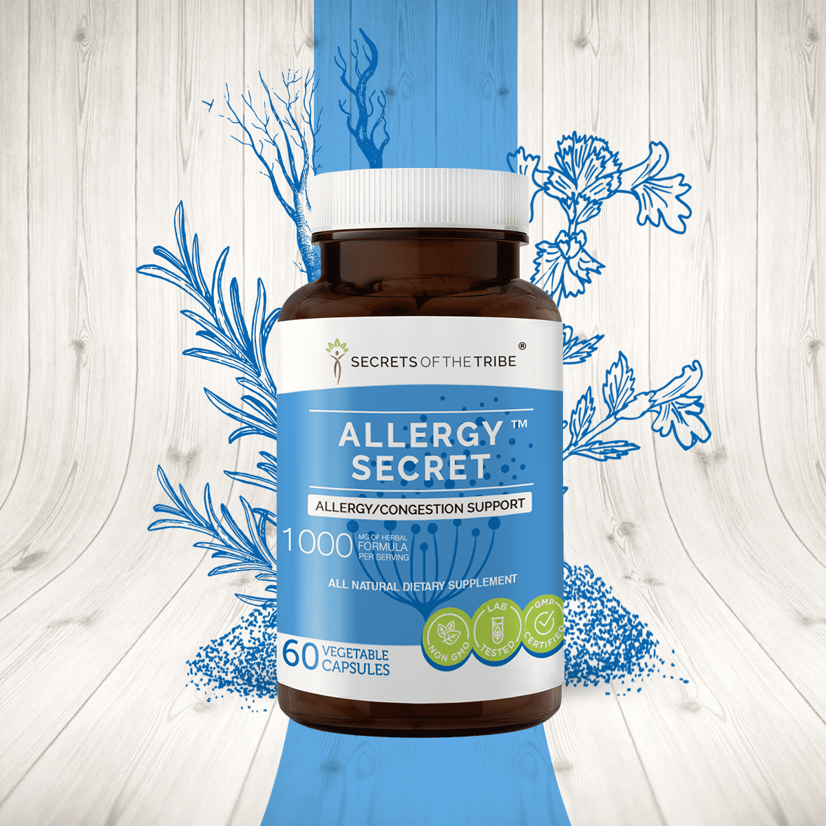 Allergy Secret 60 Capsules, 500 mg, Rosemary, Mullein leaf, Marshmallow, Stinging Nettle, Eyebright. Allergy/Congestion Support