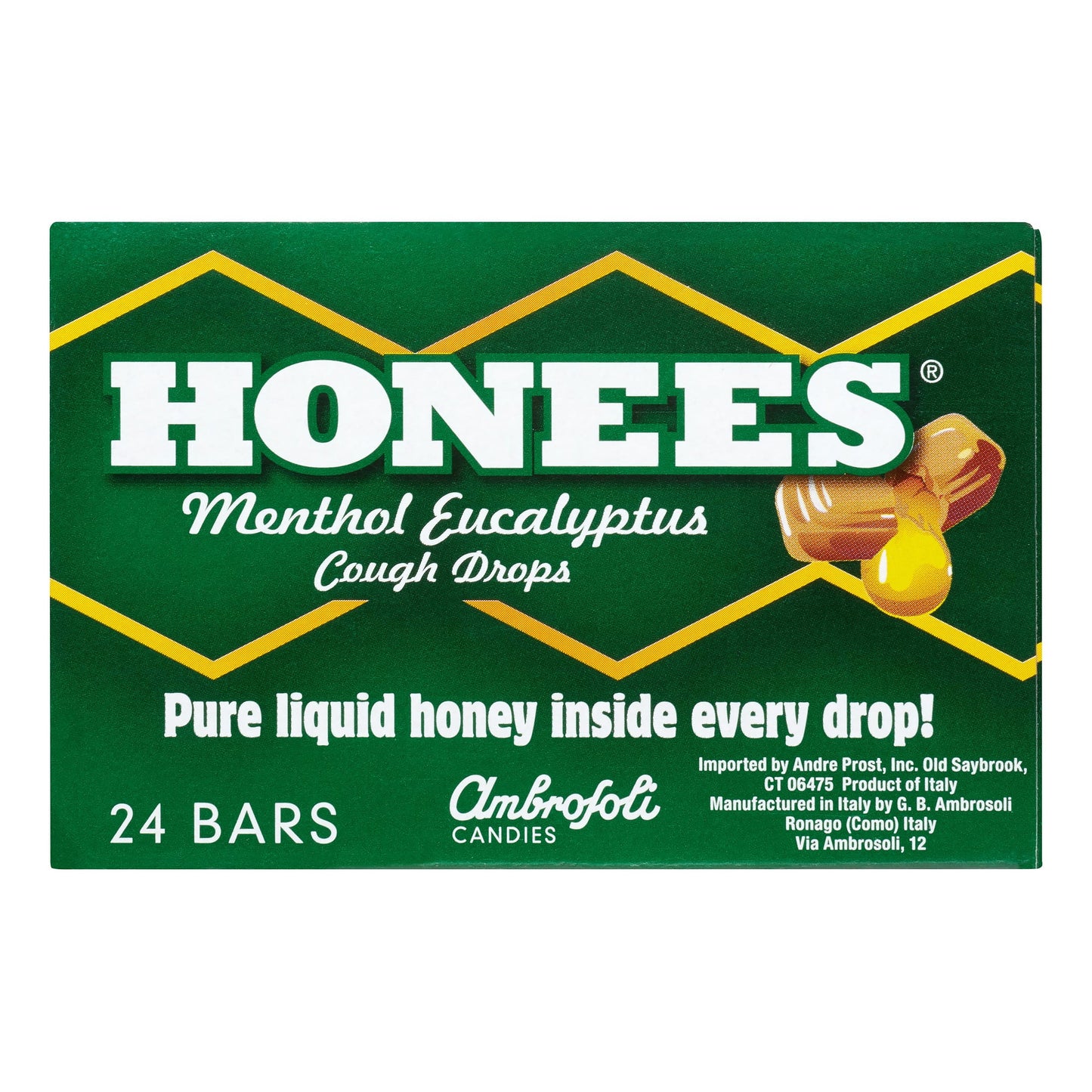 Honees Menthol Eucalyptus Cough Drops - 9-Piece Bar, Pack of 24 Honey-Filled Lozenges  Temporary Relief from Cough  Soothes Sore Throat All Natural