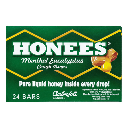 Honees Menthol Eucalyptus Cough Drops - 9-Piece Bar, Pack of 24 Honey-Filled Lozenges  Temporary Relief from Cough  Soothes Sore Throat All Natural