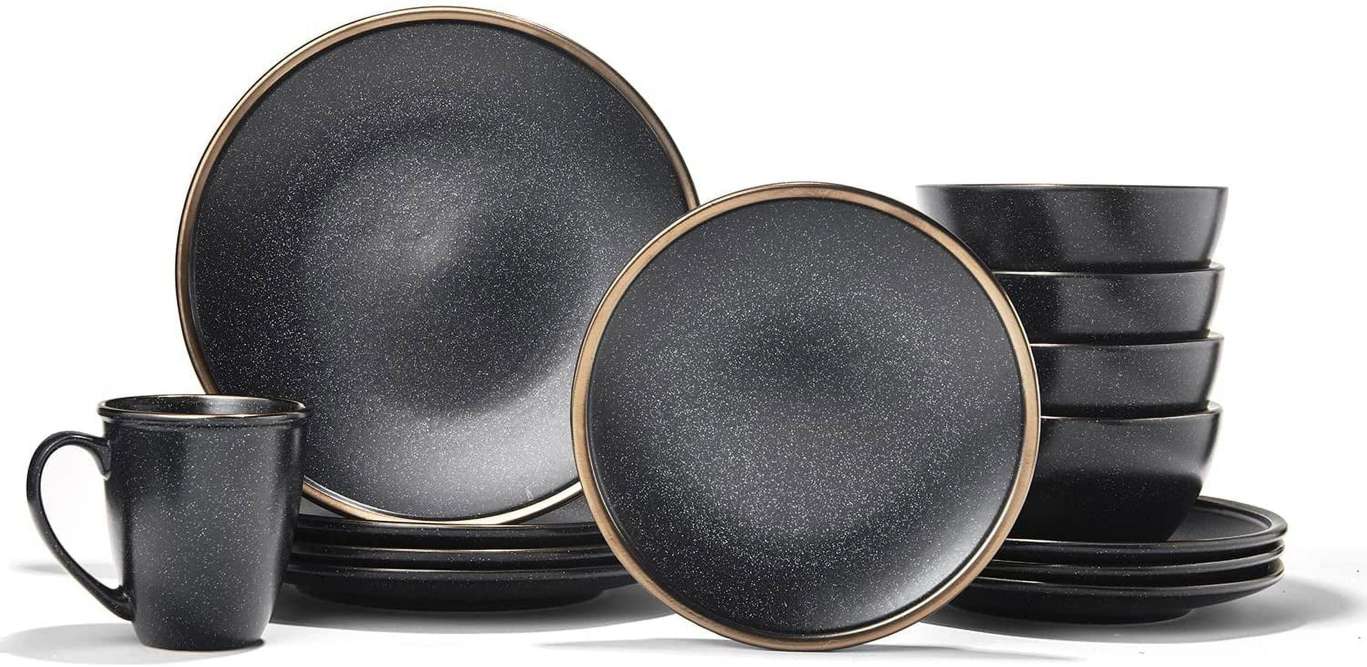 American Atelier,Round, Varda Speckled Black Stoneware Dinnerware Set, Set of 16