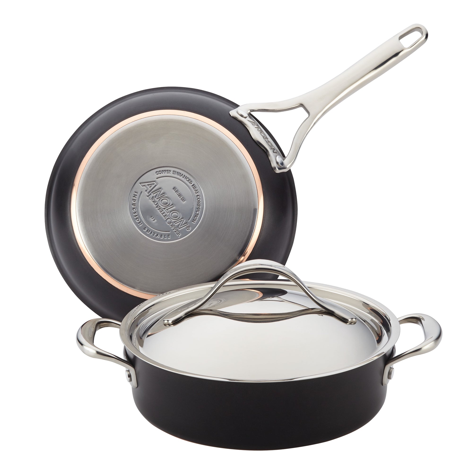 Anolon Nouvelle Copper Luxe 3 Piece Hard-Anodized Nonstick Pots and Pans Set, Onyx