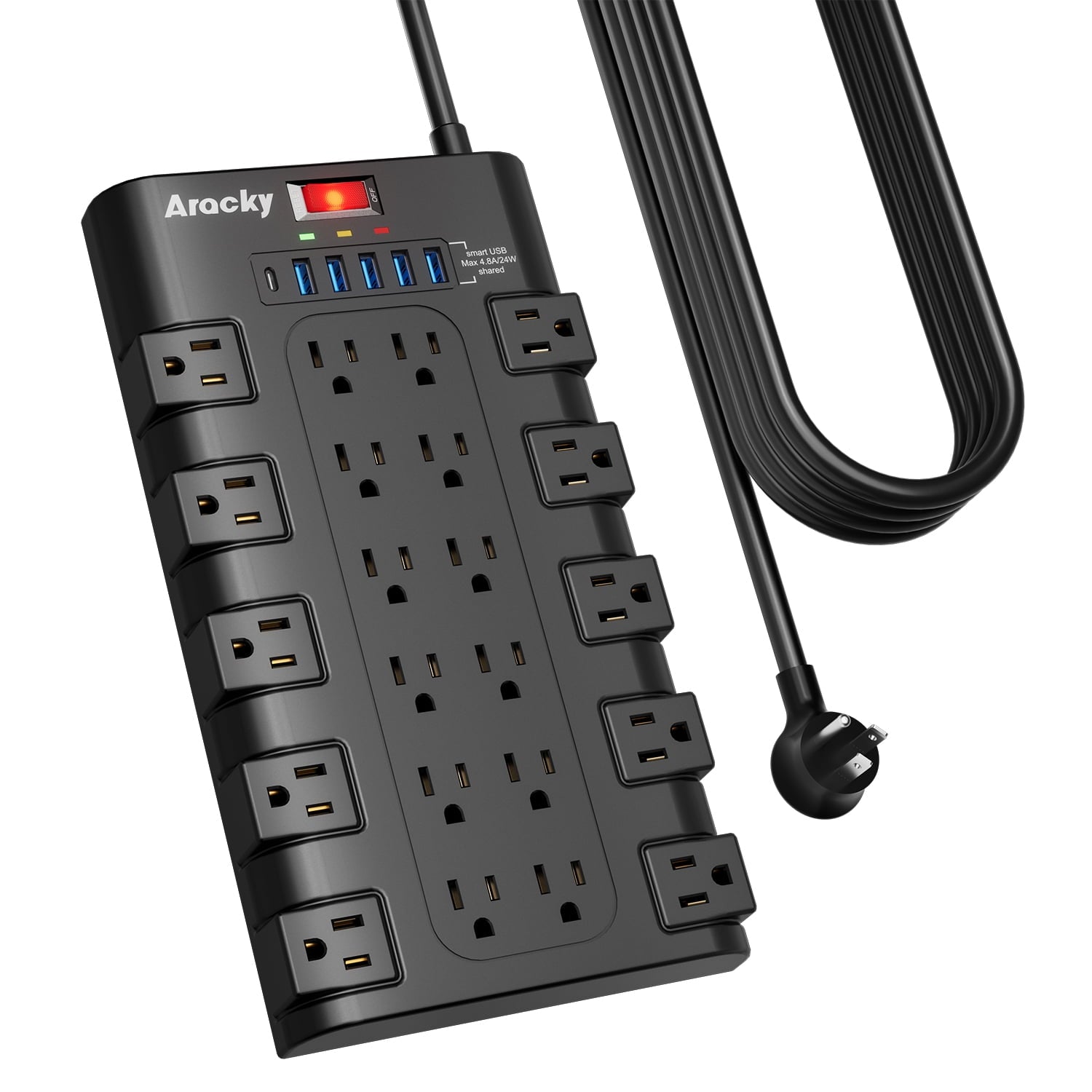 Aracky Surge Protector Power Strip 2100 Joules with 22 AC Outlets 1 USB C and 5 USB Ports 6.5Ft Flat Plug Extension Cord Black