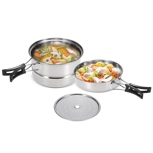 Arealer 3Pcs Camping Cookware Set Stainless Steel Pot Frying Pan Steaming Rack Home Kitchen Cooking Set