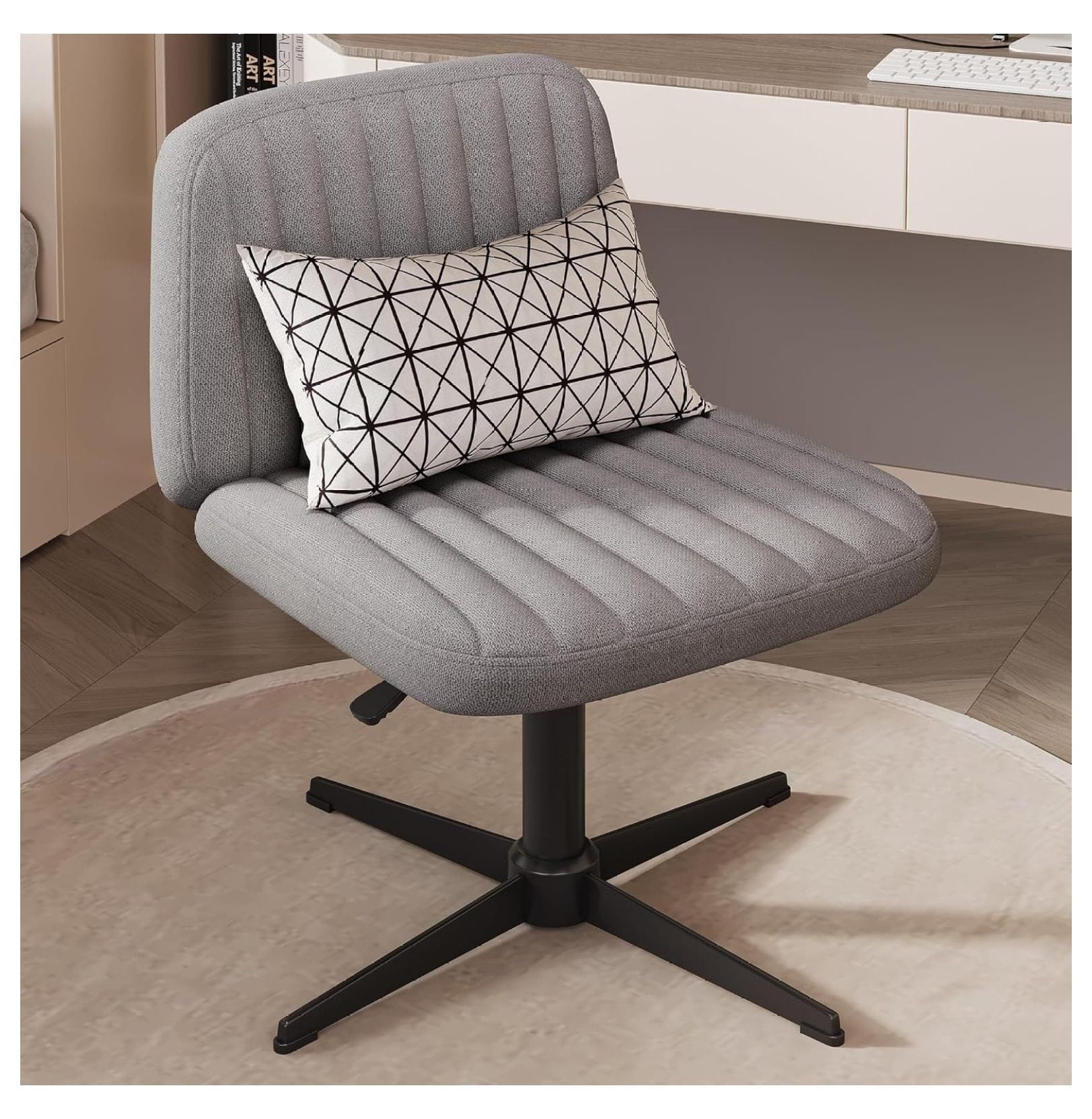 Armless Criss Cross Chair Comfy Office Chair with Lumbar Support Pillow Home Office Desk Chair No Wheels Computer Chair Vanity Chair for Makeup Room, Living Room Chairs (Grey+Black Base)