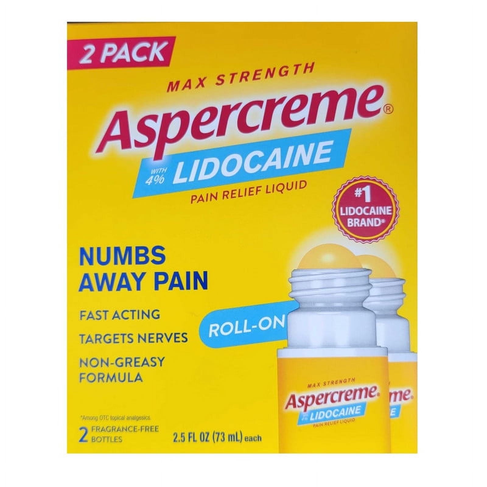 Aspercreme Lidocaine No-Mess Roll-On 2.5 oz.(Pack of 2)