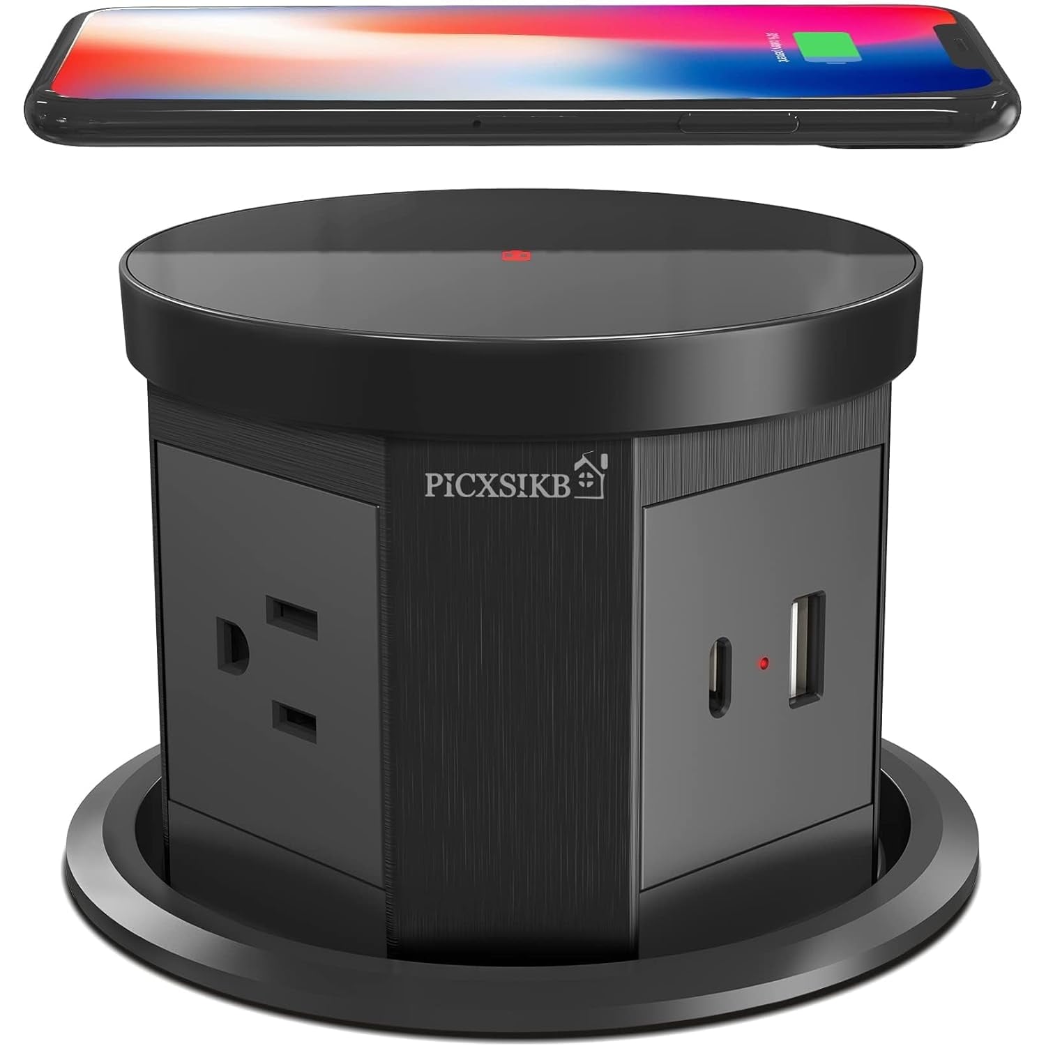 Automatic Pop Up Outlet, 4.33 inch Pop Up Outlet for Countertop with 15W Wireless Charger 3 AC Plug 1 USB-A 1 USB-C Hidden Outlet 5 FT Cord for for Kitchen/Home/Office