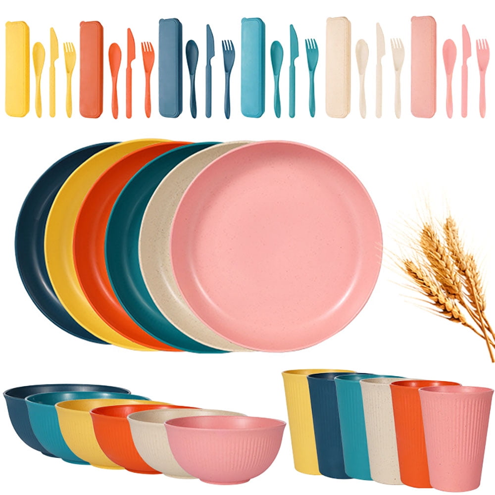 Axidou Wheat Straw Dinnerware Sets, 42 PCS Plastic Plates and Bowls Sets, Travel Camping Cutlery Set