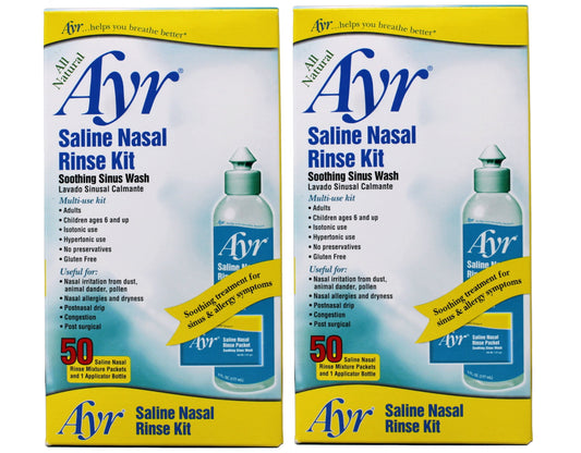 2 Pack - Ayr Saline Nasal Rinse Kit Soothing Sinus Wash, 50 Count Saline Nasal Rinse Mixture Packets Plus Applicator Bottle