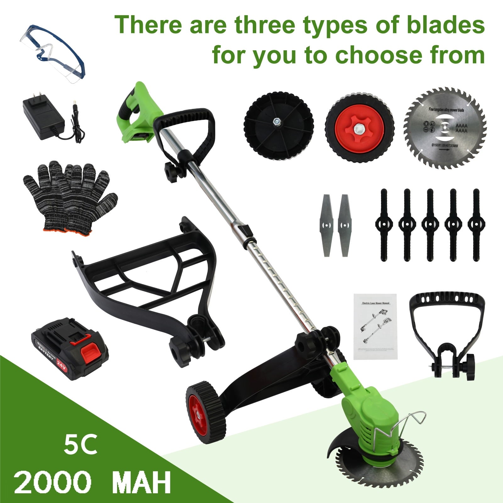 BAOKALER Electric Weed Eater, Cordless Grass String Trimmer with Upgraded Stand Wheels, 3 IN 1 Weed Trimmer, 5C Battery+Charger, Green