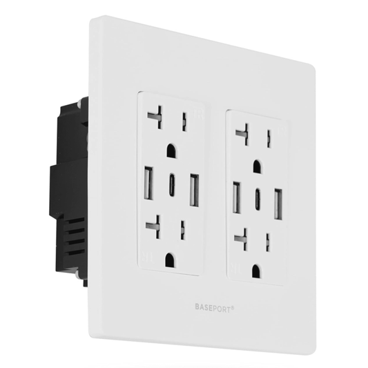 BASEPORT Wall Outlet with USB Ports, 125V 20 Amp Outlet, USB Outlets Receptacles, Double Gang, White