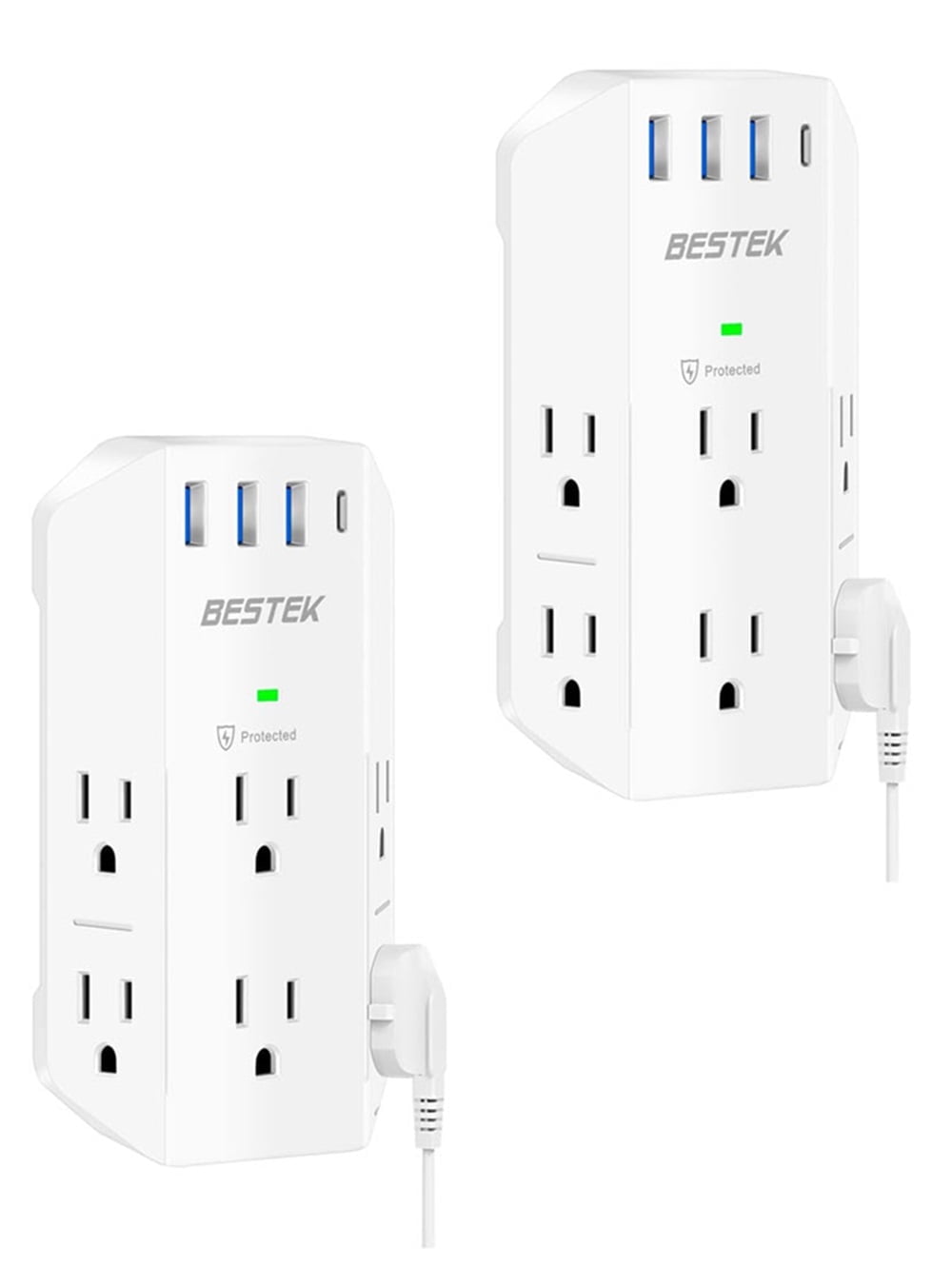 BESTEK 2PCS 2100 Joules Surge Protector Power Strip, Outlet Extender with 6 Outlets and 4 USB Ports (1 USB C),3 Sided Multi Plug Outlet for Wall Mount