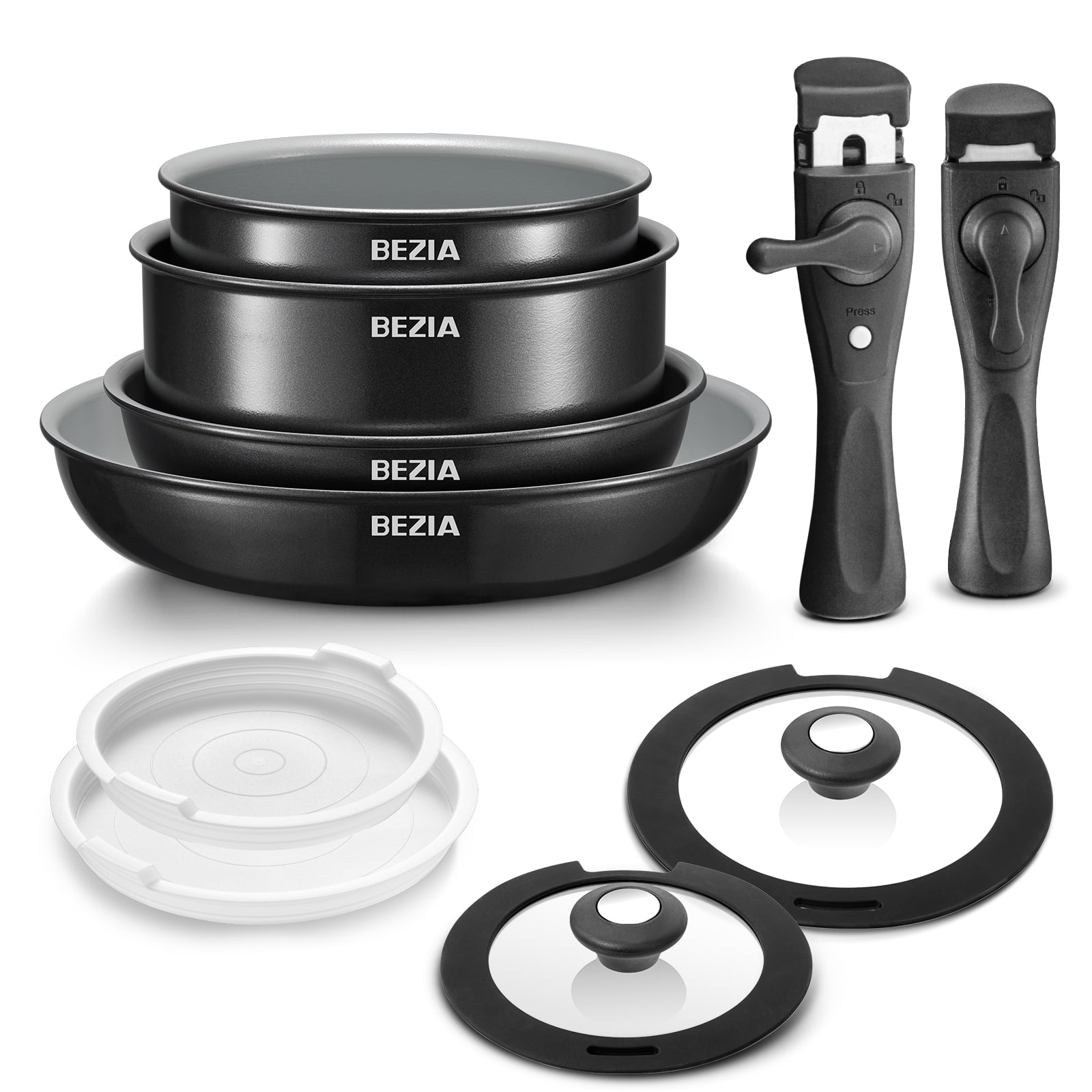 BEZIA Induction Cookware with Healthy Ceramic Coating, Nonstick Pots and Pans Set 10pcs with Detachable Handles, Induction RV Kitchen Set Removable Handle, Oven Safe