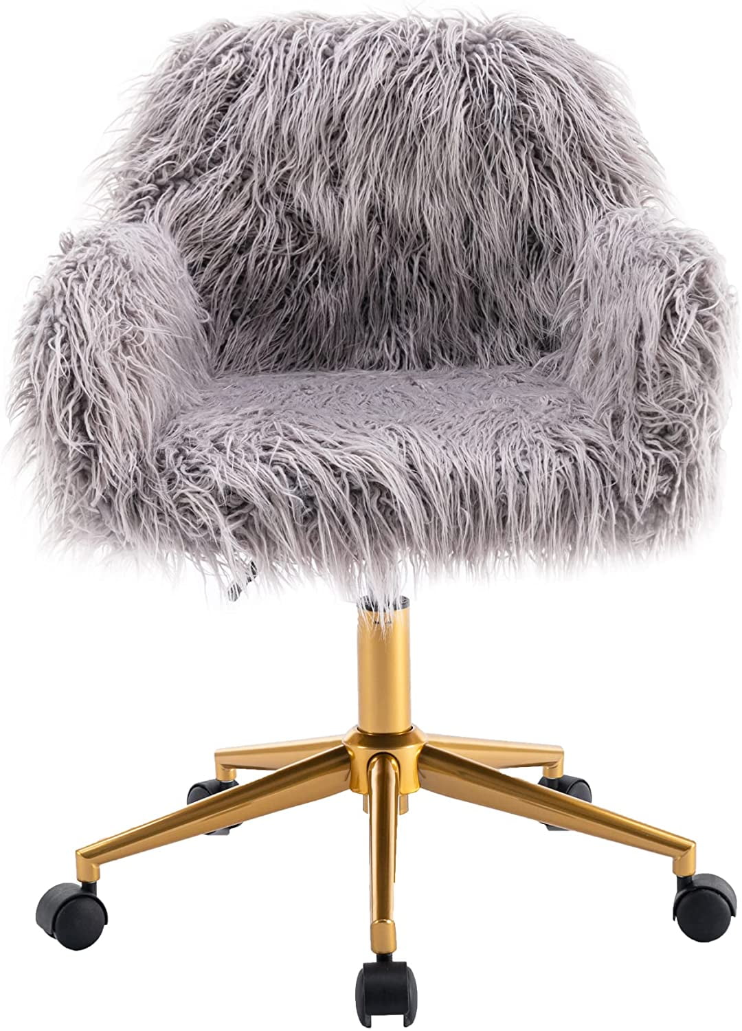 BIZFURN Fluffy Desk Chair, Faux Fur Furry Home Office Chair, Fuzzy Swivel Armchair with Wheels, Height Adjustable Silver Base for Girls, Bedroom, Grey