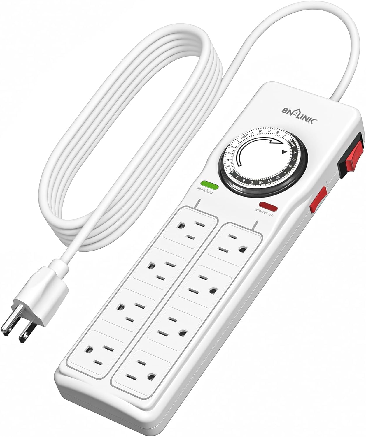 BN-LINK 8 Outlet Surge Protector with Mechanical Timer (4 Outlets Timed, 4 Outlets Always On), White