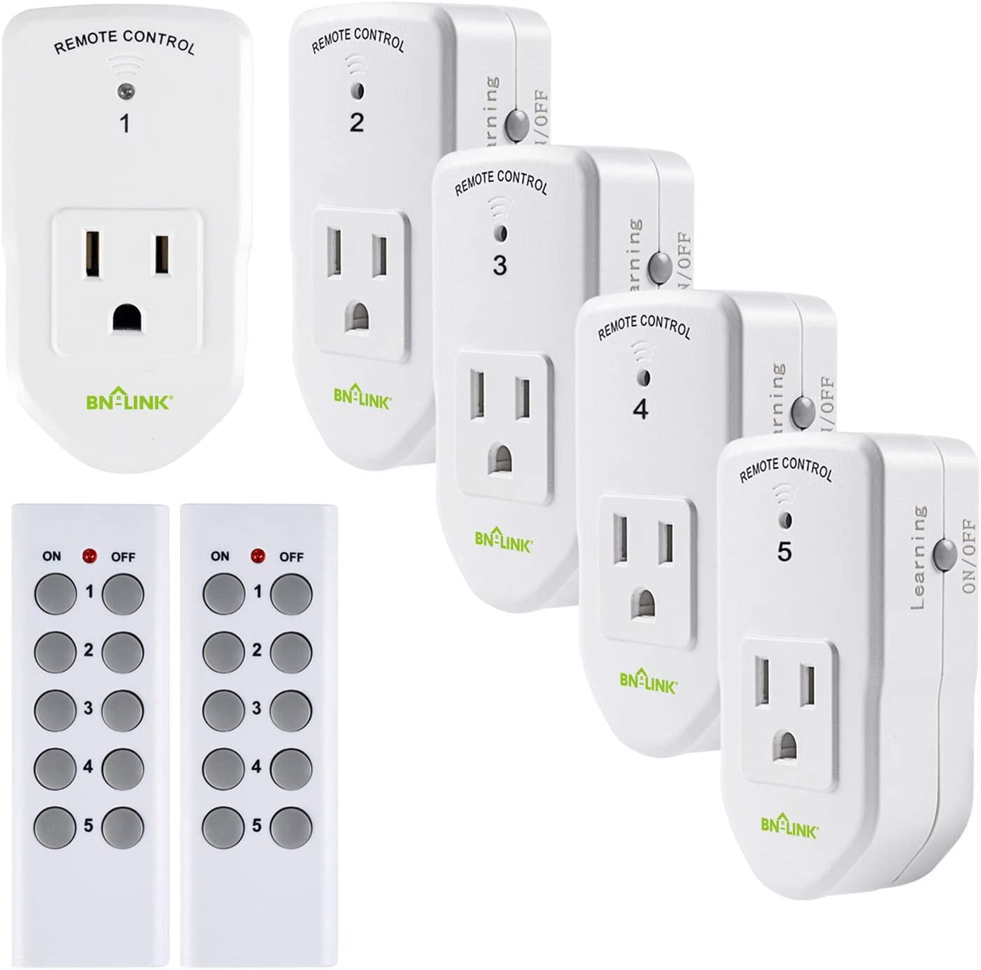 BN-LINK Wireless Remote Control Outlet with Extra Long Range, for Household Appliances, White (2 Remotes + 5 Outlets)