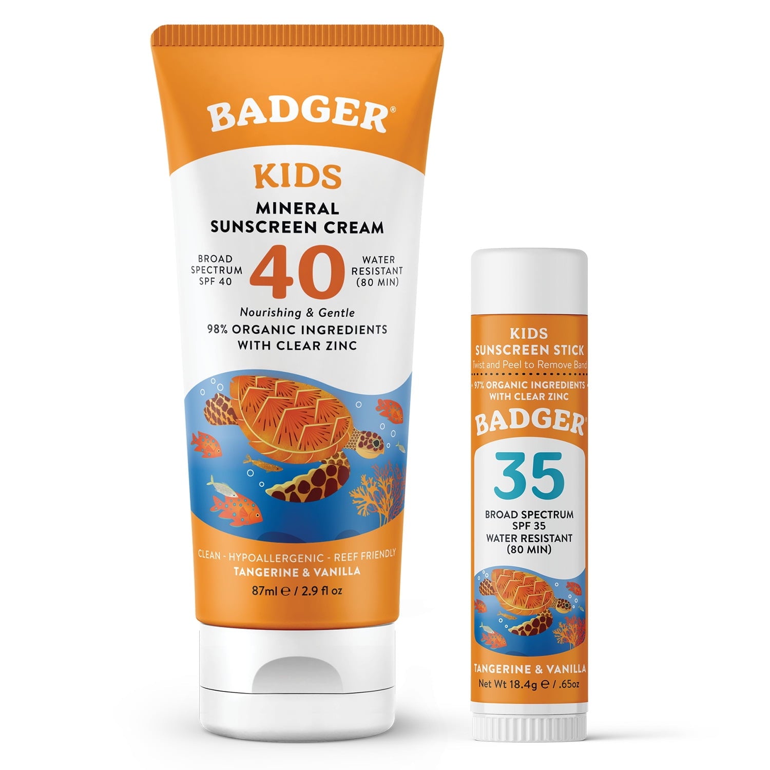 Badger Kids Mineral Sunscreen Combo,  Tangerine and Vanilla, SPF 40 Cream and SPF 35 Face Stick, Pack of 2