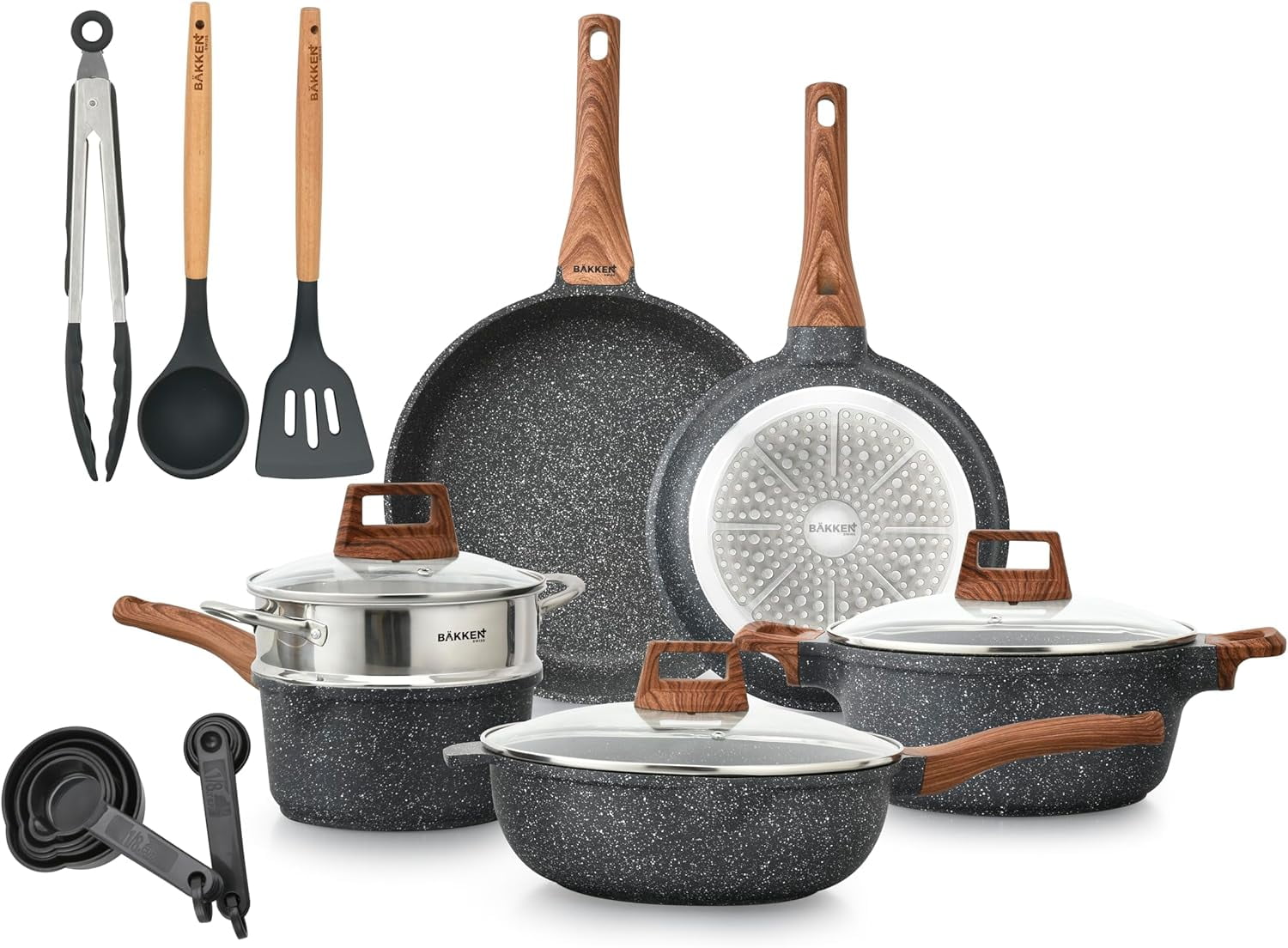 Bakken-Swiss 14-Piece Kitchen Cookware Set – Granite Non-Stick – Eco-Friendly – for All Stoves & Oven-Safe - Marble coatin