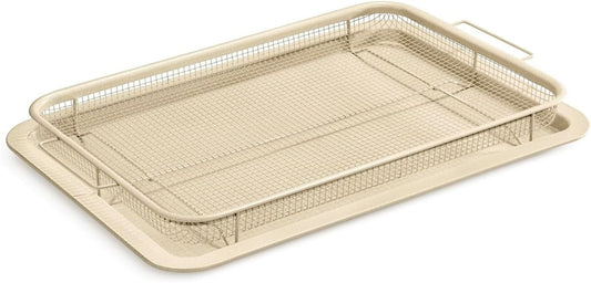 Bakken- Swiss Crisper Tray White marble Coating - 2-Piece Set – Large, Non-Stick Basket Design for Healthier Cooking in Regular Ovens - Achieve Perfectly Crispy Chips, Bacon and More