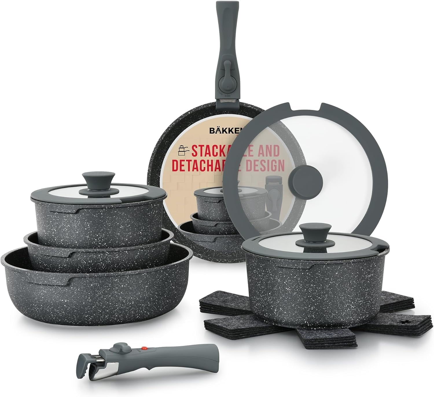 Bakken-Swiss Detachable 15-Piece Cookware Set – Granite Non-Stick – Eco-Friendly – stackable Removable Handles – for All Stoves & Oven-Safe - marble Black coating