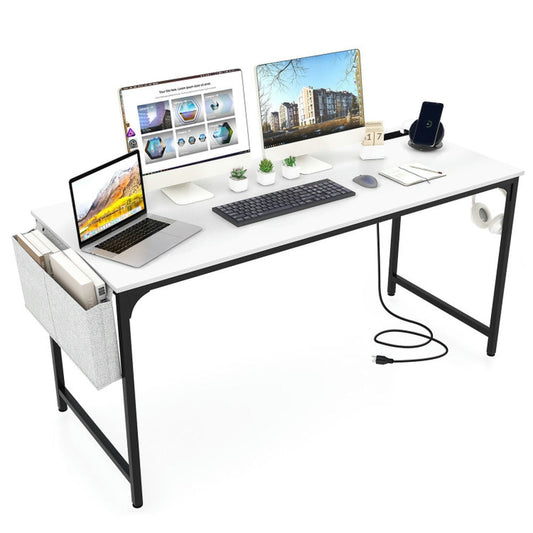 Barara King Home Office Desk, Computer Desk, Study Writing Gaming Table Workstation, 60 Inch Computer Desk with Charging Station Storage Bag-White