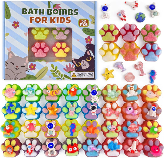 Bath Bombs for Kids,32PCS Paw-Shape Bath Bombs with Surprise Toy Inside, Bath Bombs with Ocean Animals and Space Planet Toys, Natural Bath Bomb Gift Set at Christmas, Birthday