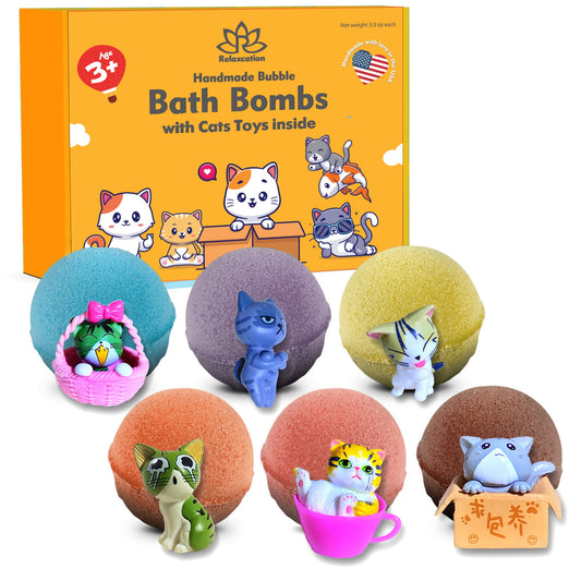 Bath Bombs for Kids with Surprise Inside Cute Cats Toys Handmade in USA Natural and Safe by Relaxcation