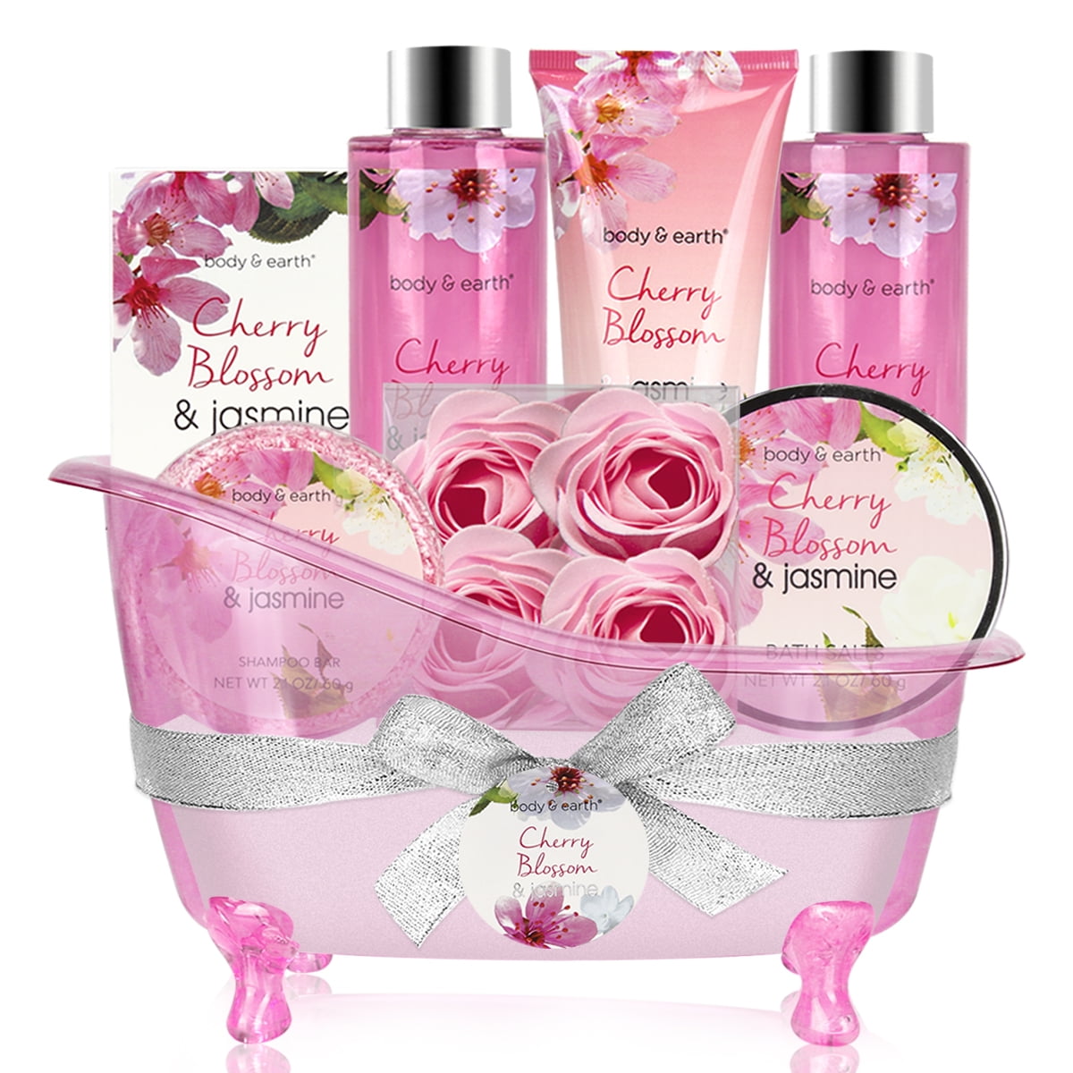 Bath Gift Sets for Women, 8 Pcs Cherry Blossom & Jasmine Spa Baskets, Beauty Body Holiday Birthday Gifts for Her