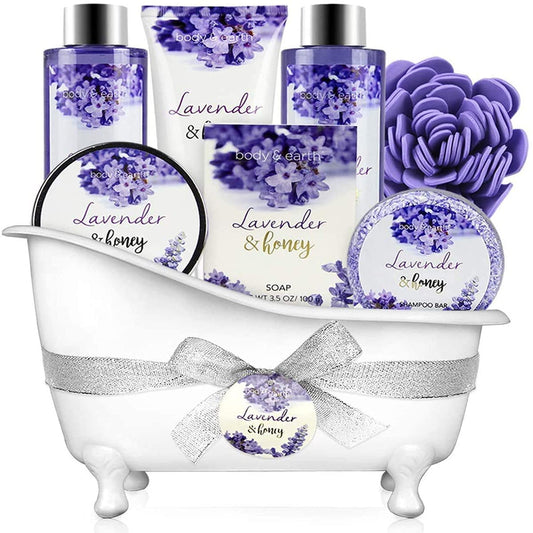 Bath and Body Gift Sets for Women 8 Pcs Lavender and Honey Spa Baskets, Beauty Holiday Birthday Gifts Idea for Her