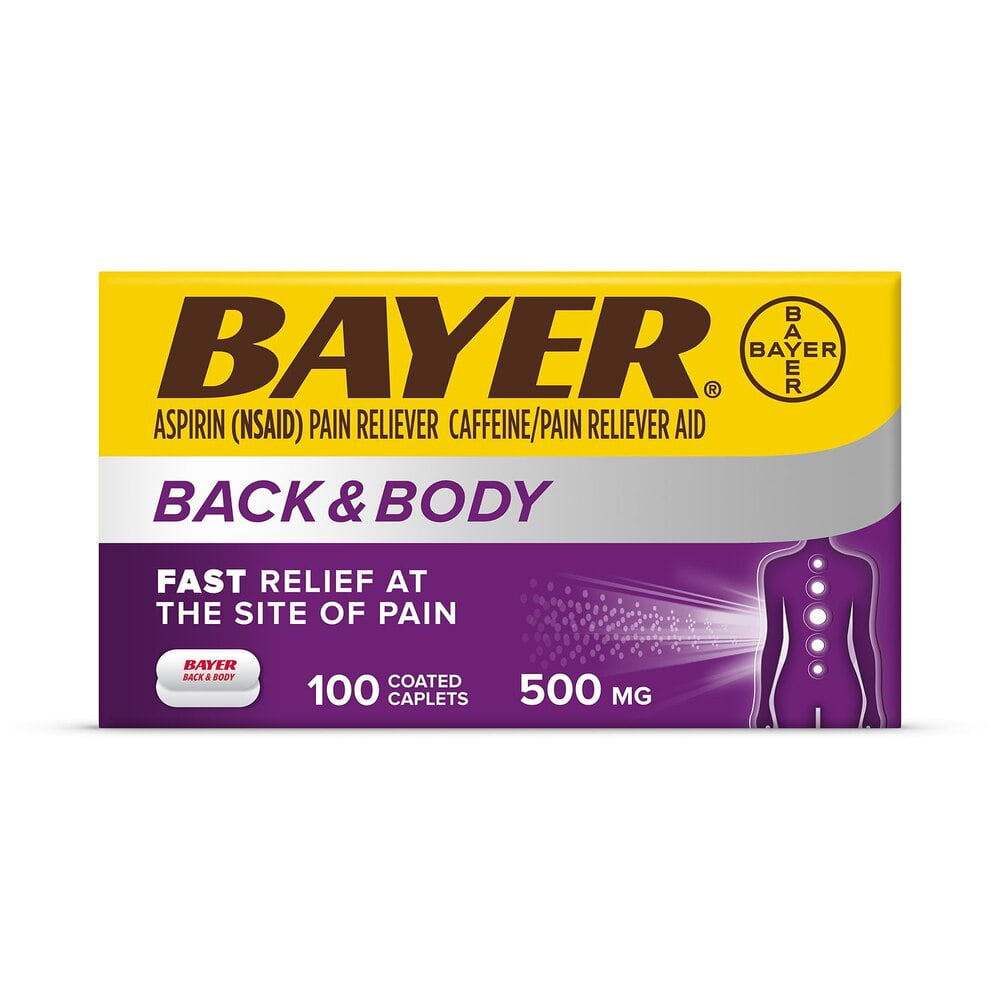 Bayer Back & Body Extra Strength Aspirin, 500mg Coated Tablets, Fast Relief, 100 ct, Pack of 2