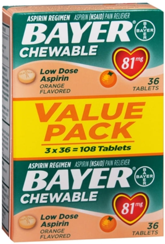 Bayer Chewable Low Dose 'Baby' Aspirin 81 mg Tablets Orange Value Pack 108 Tablets (Pack of 2)