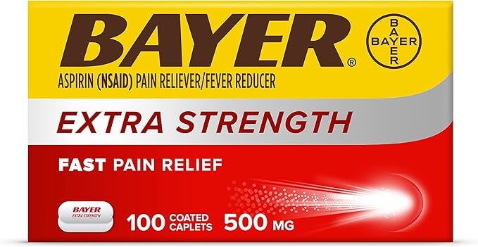 Bayer Extra Strength Aspirin 500 mg, Pain Reliever and Fever Reducer, Powerful Pain Relief of Headache, Muscle Pain, Minor Arthritis Pain, Back Ache, Toothache, and Menstrual Pain, 100 Coated Tablets