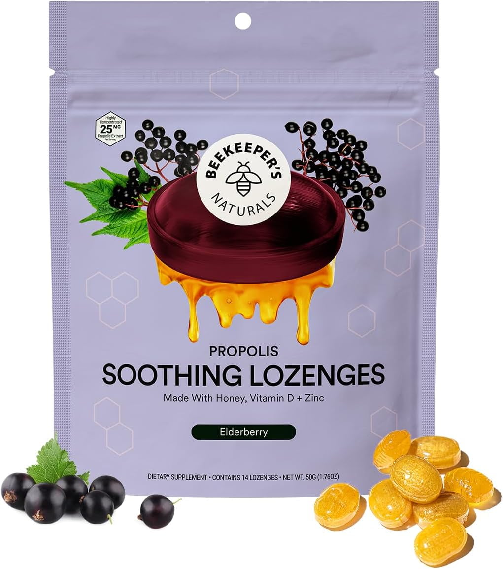 Beekeeper's Naturals Soothing Honey Elderberry Cough Drops Immune Support with Vitamin D, Zinc and Propolis Throat Soothing Lozenges, 14 Ct