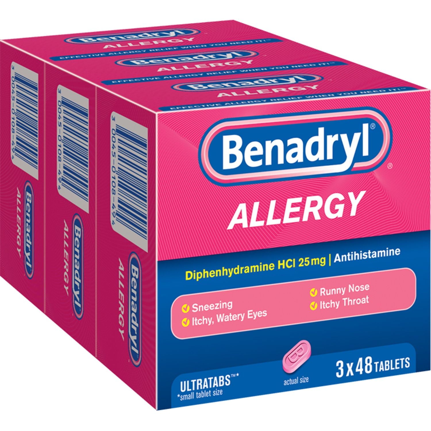 Benadryl Allergy Relief Ultratab Tablets, Diphenhydramine Hcl 25mg. 48 Count Pack of 3 - Total 144 Tablets