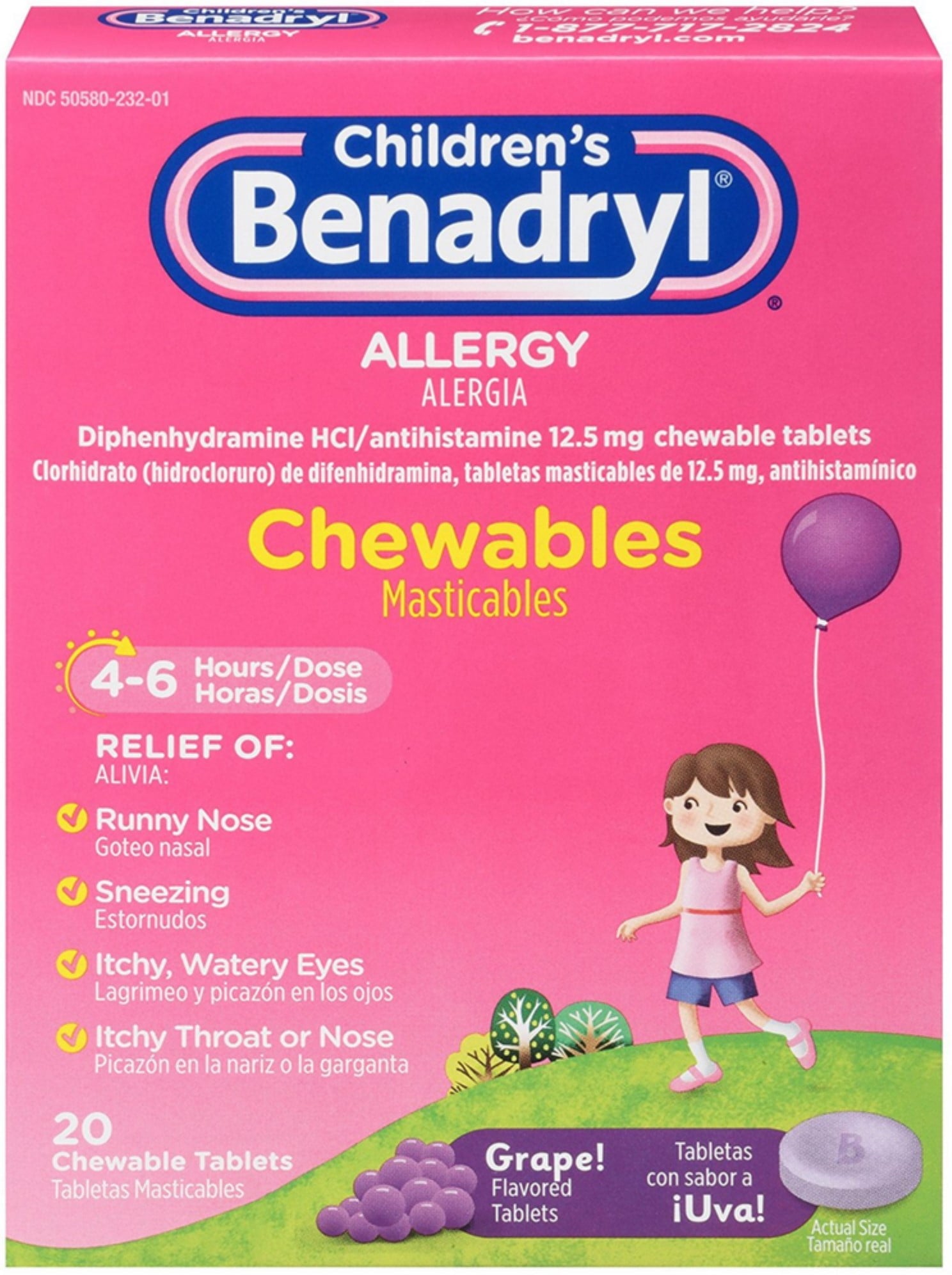 Benadryl Children's Allergy Chewable Tablets, Grape Flavored 20 ea (Pack of 4)